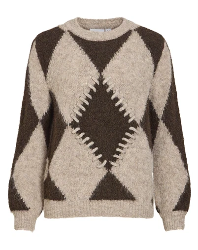 Vila - Vitora O-Neck L/S Jacquard Strik - Natural Melange